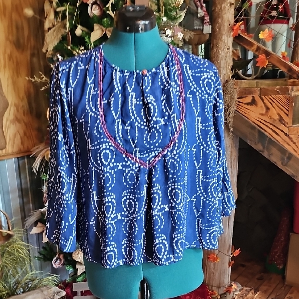 Global Desi Blue Printed Peasant Tunic Top